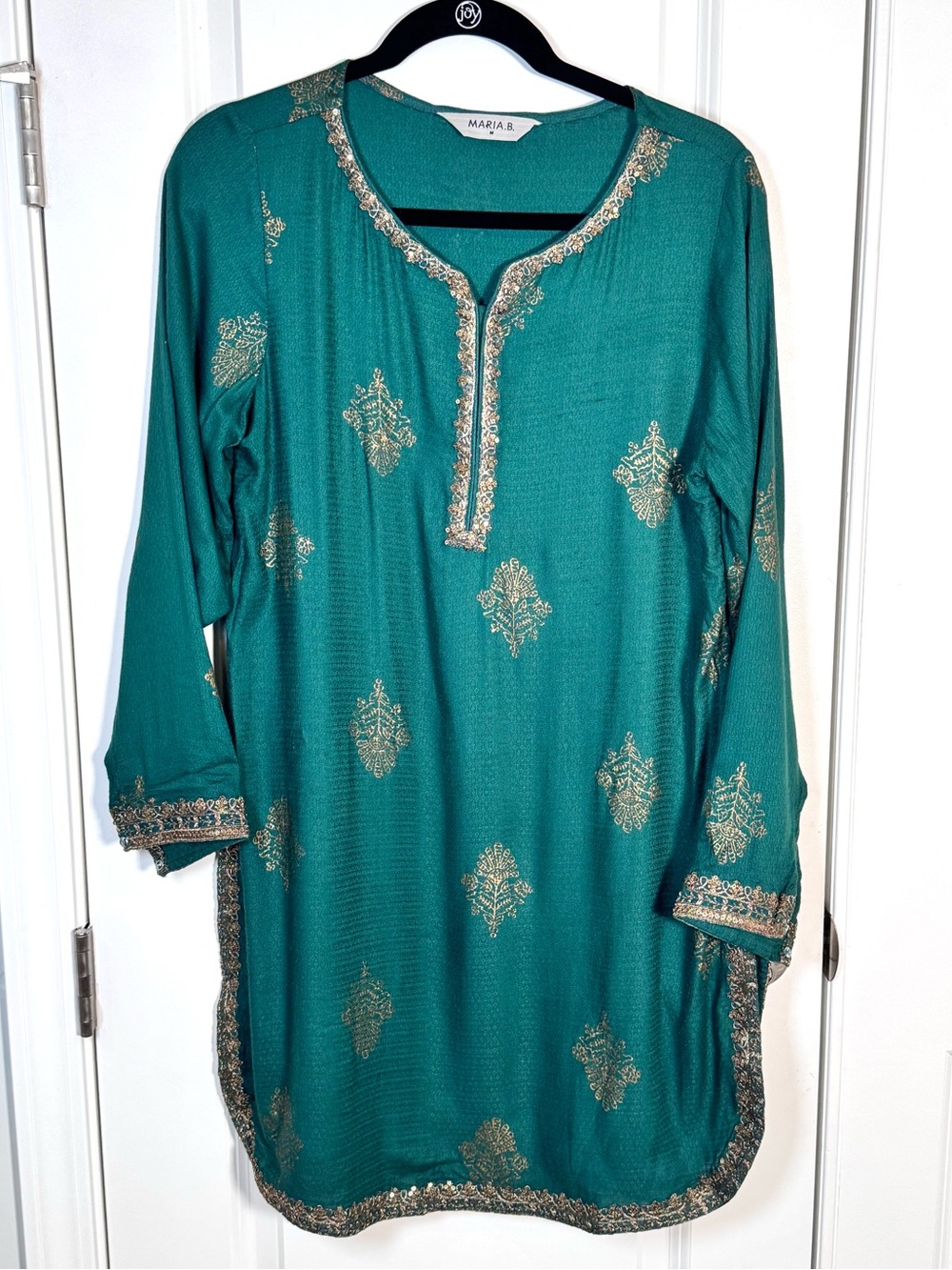 Maria B Kurta Womens M Emerald Green Gold Embroidered Pakistani Tunic Sequin Top
